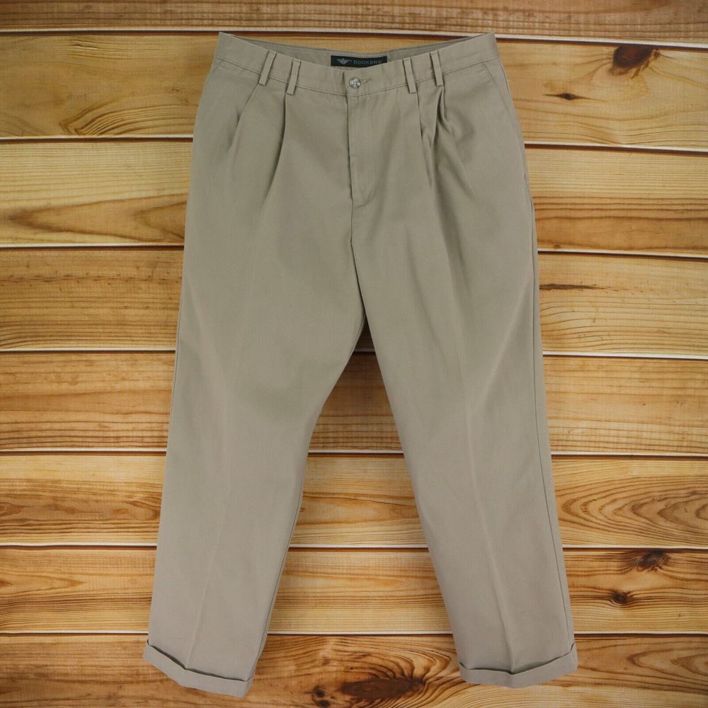 DOCKERS Pants Pleated Cuffed Straight Leg‎ Mens Size 36x30 Brown 100% Cotton
